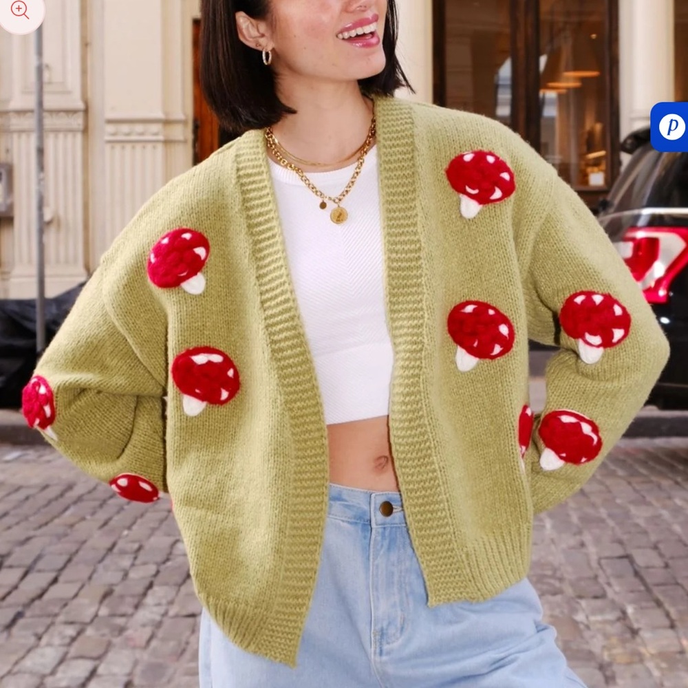 Whimsical Olive Cardigan with Mushroom Accents